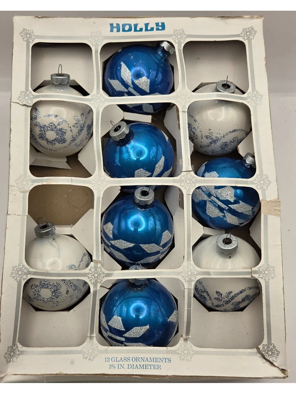 Vintage Holly #258 Blue White Glass Christmas Ornaments Lot of 9 USA Boxed